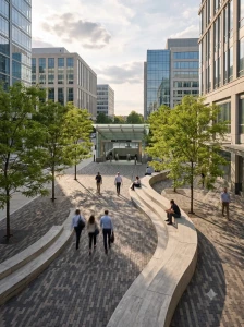 Active streetscape design showing shaded pedestrian paths and transit-oriented corridor integration