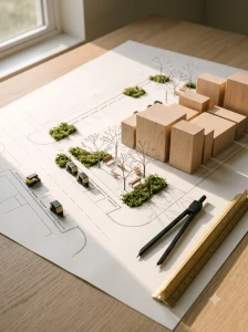 Urban master planning showing public-private partnership infrastructure and pedestrian spaces.